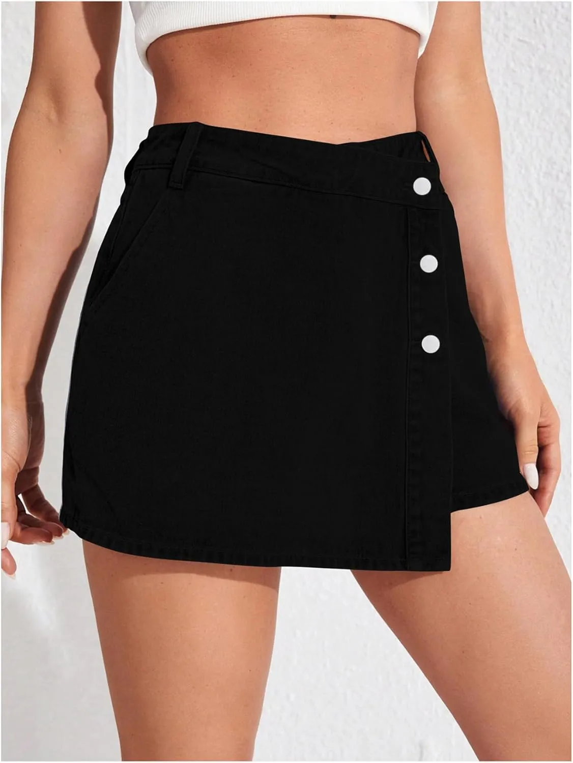 WDIRARA Women's High Waisted Button Front Denim Skort Asymmetrical Hem Skirt Shorts