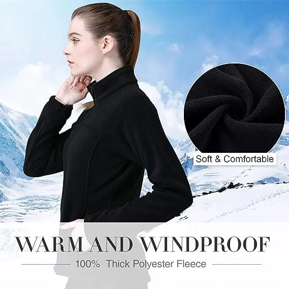 Wholesale Women's Full Zip Thermal Jackets With Pockets Soft Polar Fleece Coat - Black