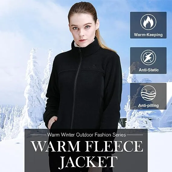 Wholesale Women's Full Zip Thermal Jackets With Pockets Soft Polar Fleece Coat - Black