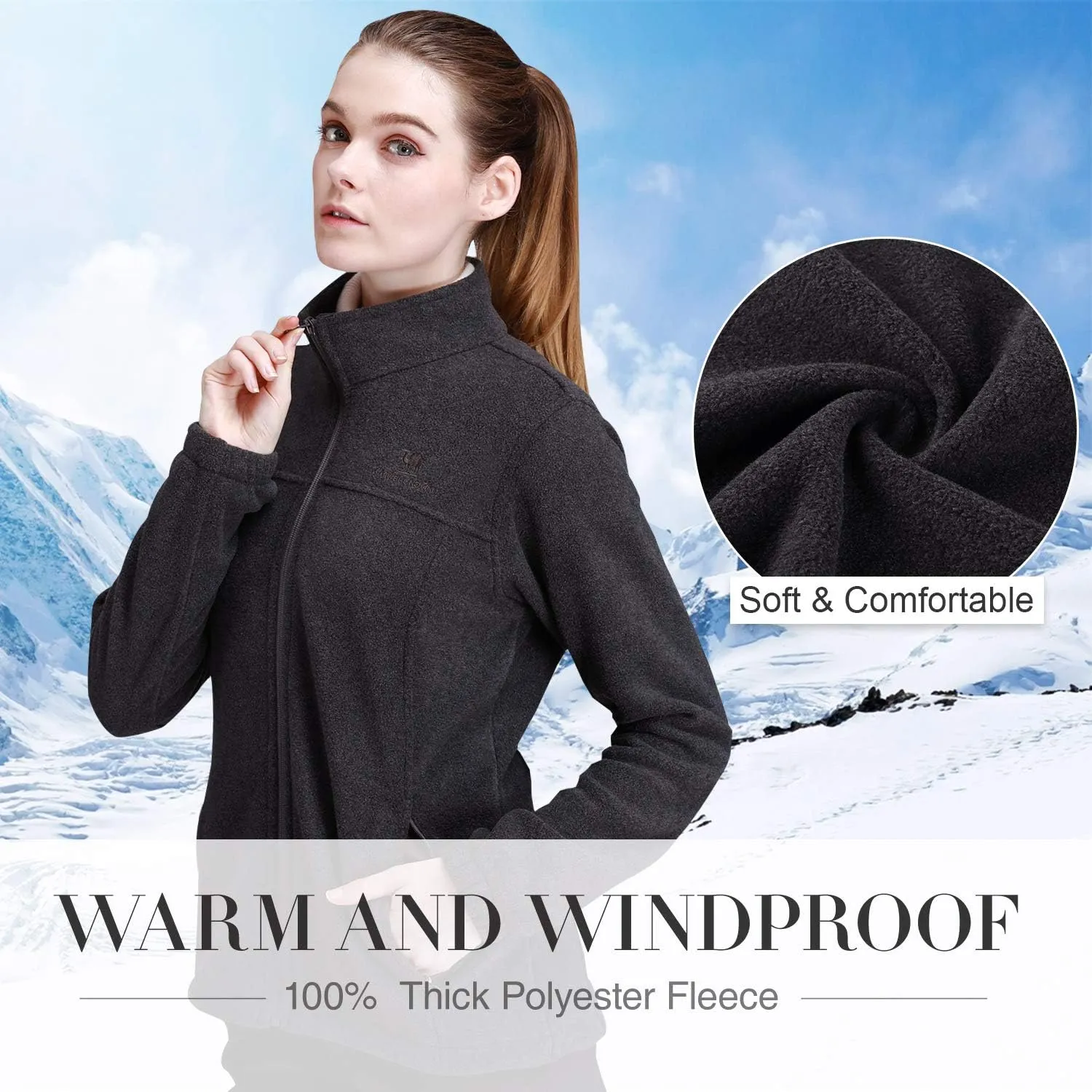 Wholesale Women's Full Zip Thermal Jackets With Pockets Soft Polar Fleece Coat - Gray