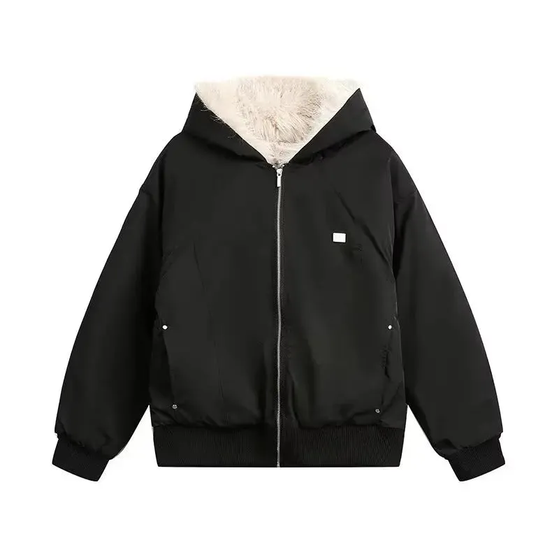 WIAOFELLAS  -  Winter Street Harajuku Mens Parkas Fleece Trendy Metal Label Silhouette Warm Cotton Jackets Zipper Loose Thickening Coats Male