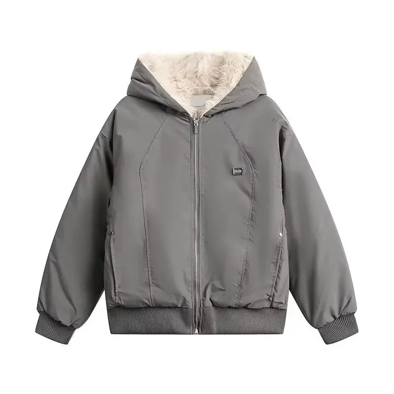 WIAOFELLAS  -  Winter Street Harajuku Mens Parkas Fleece Trendy Metal Label Silhouette Warm Cotton Jackets Zipper Loose Thickening Coats Male