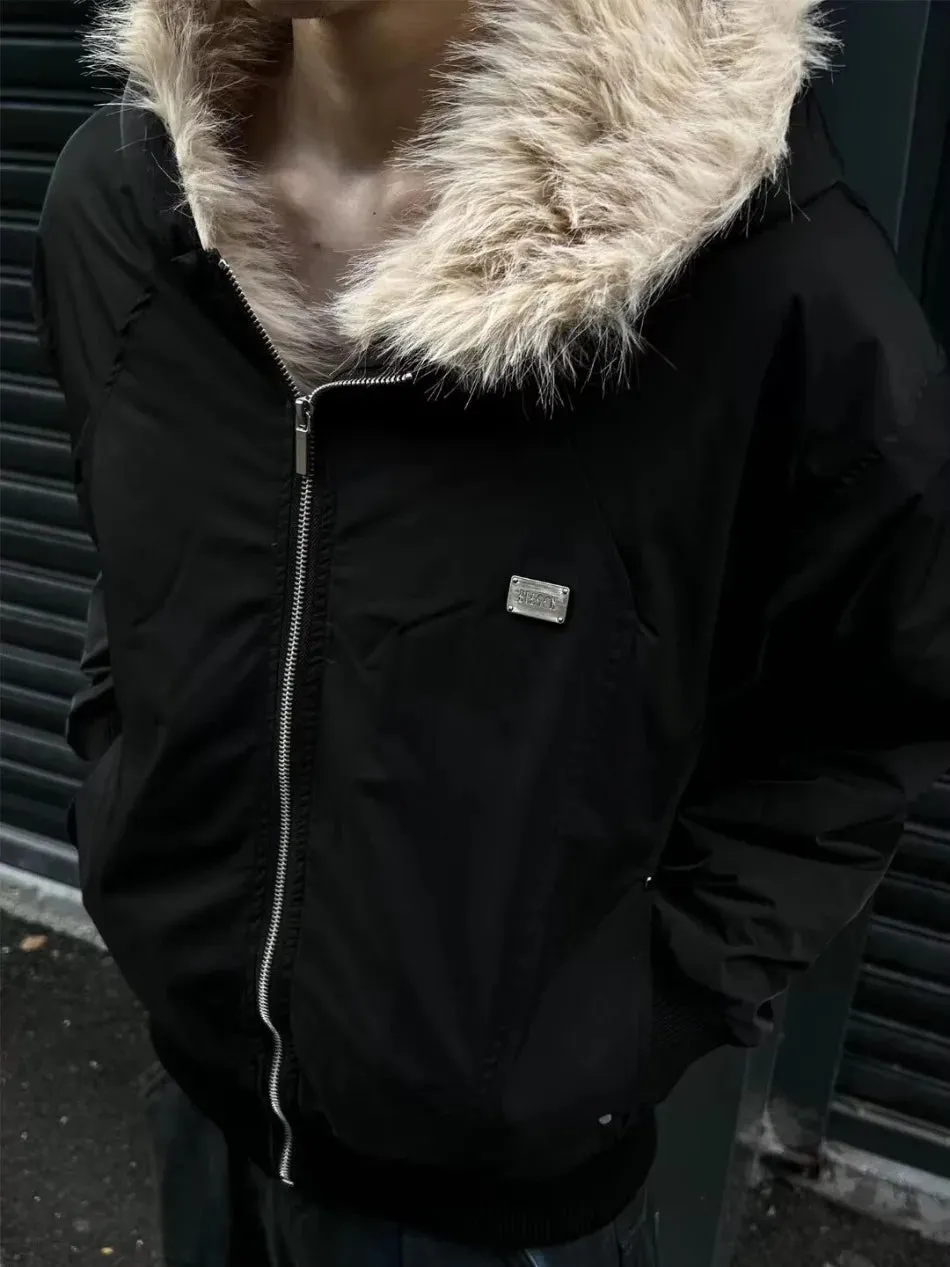 WIAOFELLAS  -  Winter Street Harajuku Mens Parkas Fleece Trendy Metal Label Silhouette Warm Cotton Jackets Zipper Loose Thickening Coats Male
