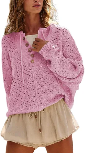 Women Oversized Knit Sweatshirt Hollow Long Sleeve Button Drawstring V Neck Pullover Sweaters