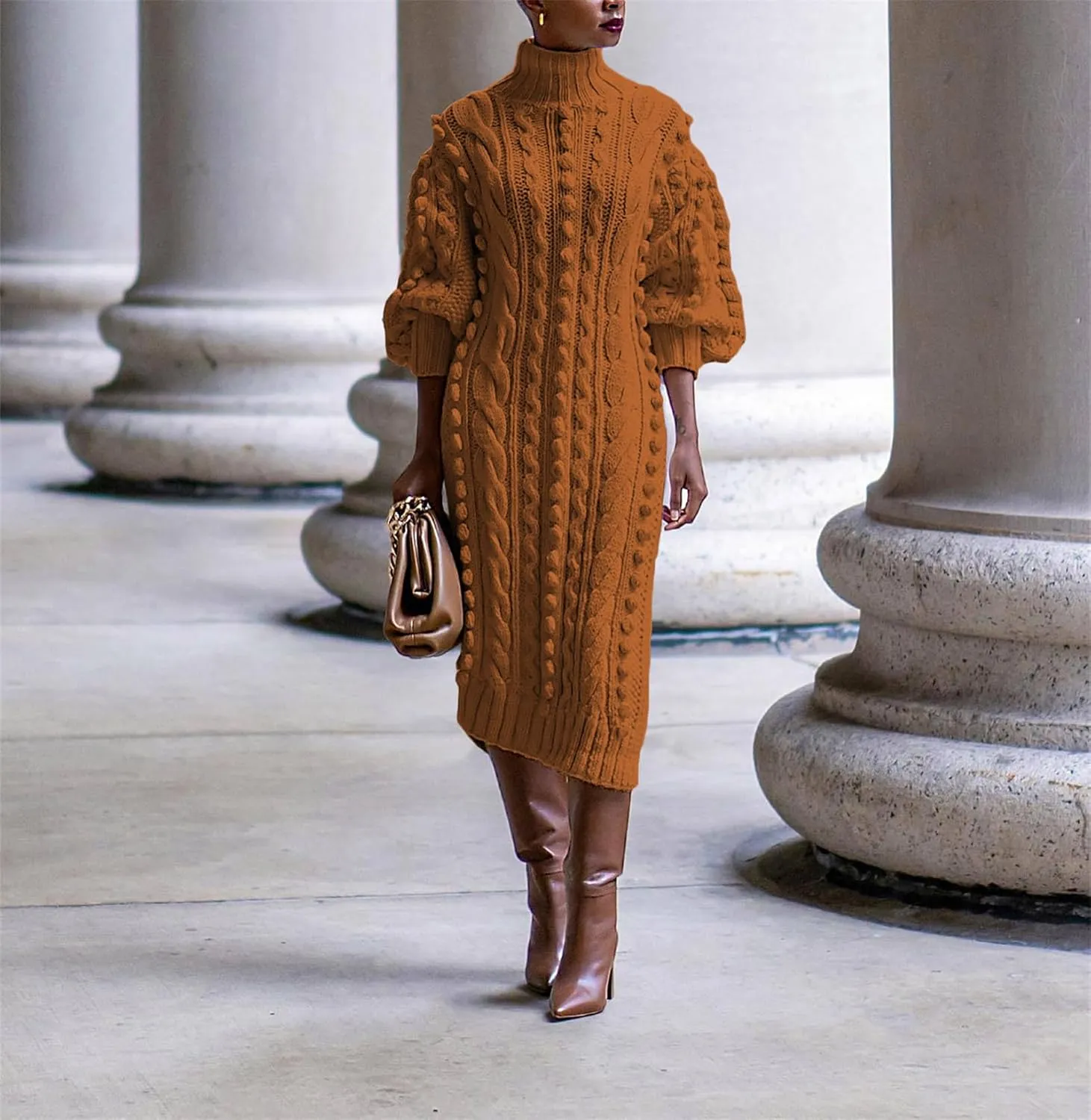 Women's Cable Knit Sweater Midi Dress Puff Long Sleeve Turtleneck Casual Textured Cable Knit Side Slit Pullover Dresses