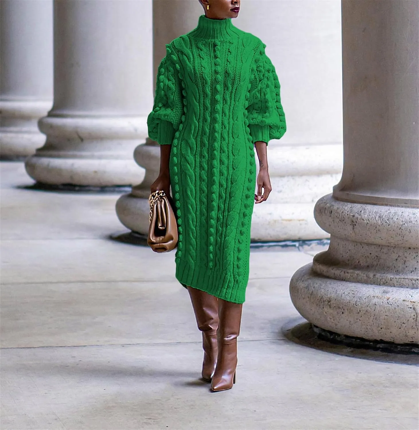 Women's Cable Knit Sweater Midi Dress Puff Long Sleeve Turtleneck Casual Textured Cable Knit Side Slit Pullover Dresses