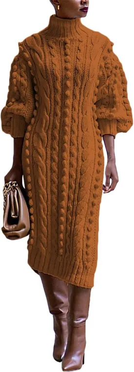 Women's Cable Knit Sweater Midi Dress Puff Long Sleeve Turtleneck Casual Textured Cable Knit Side Slit Pullover Dresses