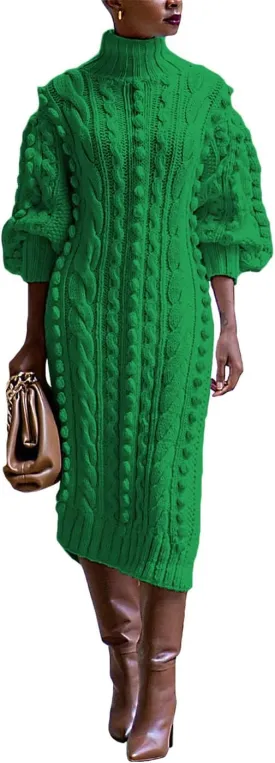 Women's Cable Knit Sweater Midi Dress Puff Long Sleeve Turtleneck Casual Textured Cable Knit Side Slit Pullover Dresses