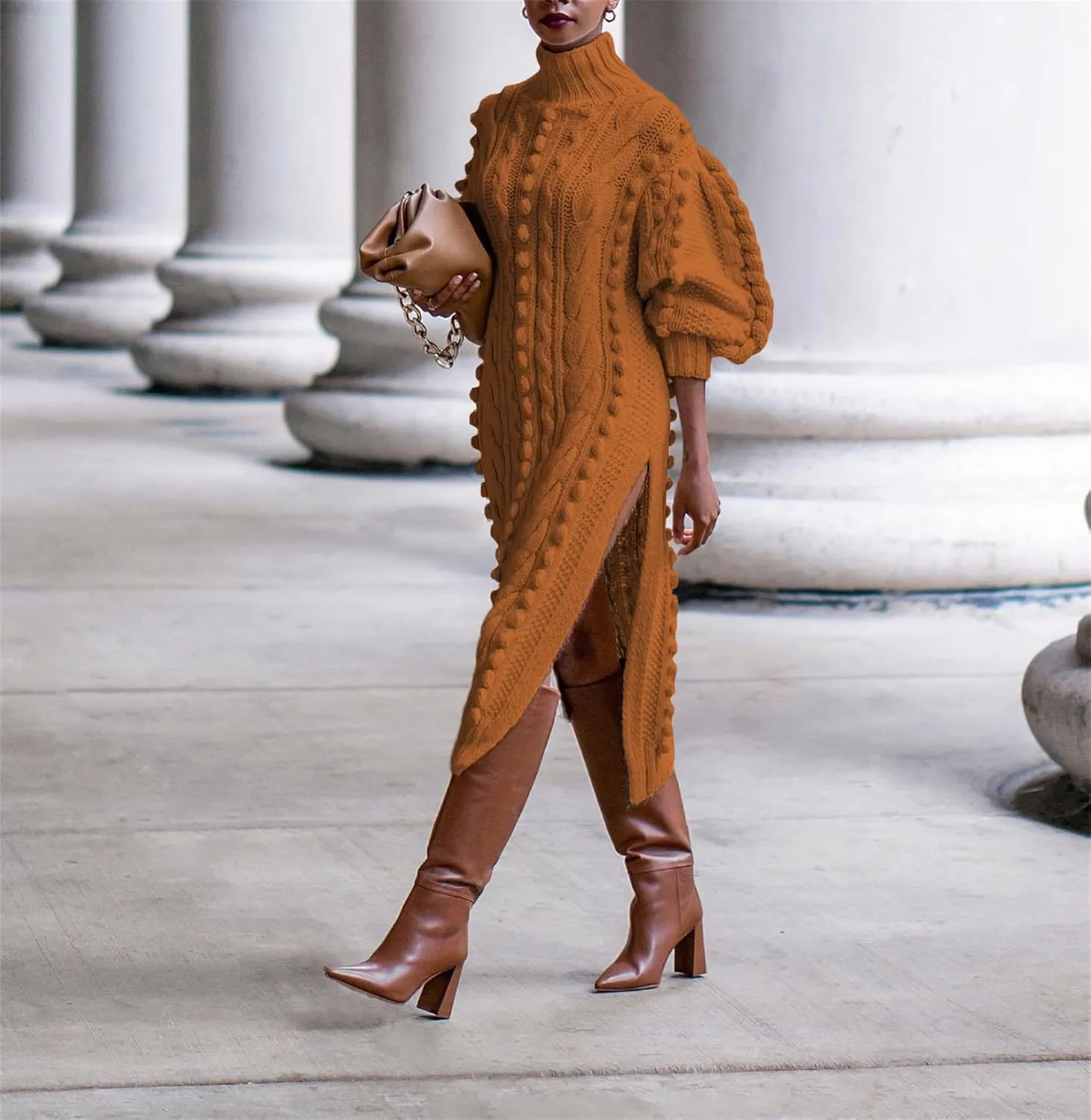 Women's Cable Knit Sweater Midi Dress Puff Long Sleeve Turtleneck Casual Textured Cable Knit Side Slit Pullover Dresses
