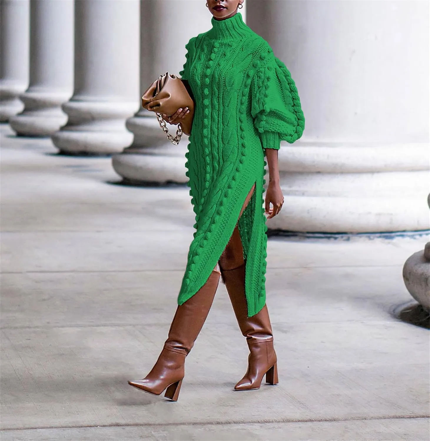 Women's Cable Knit Sweater Midi Dress Puff Long Sleeve Turtleneck Casual Textured Cable Knit Side Slit Pullover Dresses