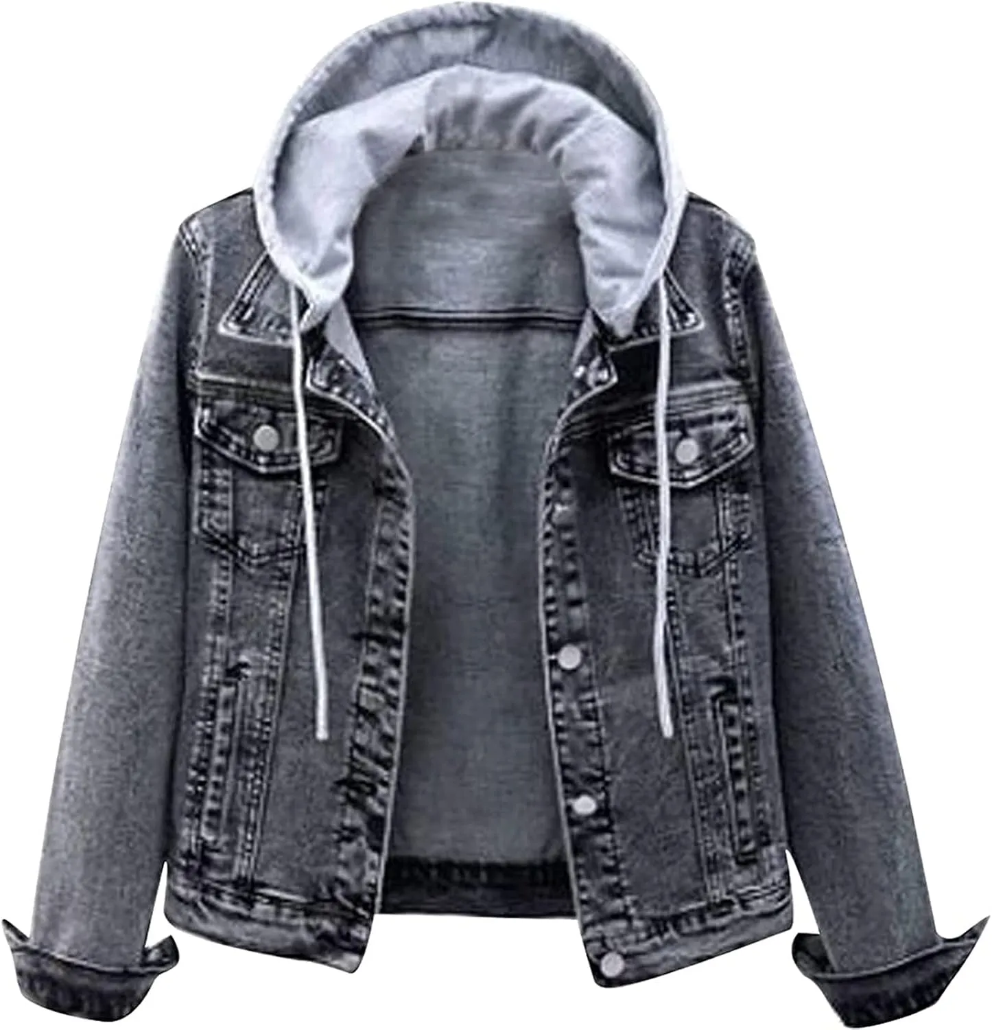 Women's Casual Denim Jackets with Detachable Hood Button Down Fleece Comfort Trendy Jean Hoodies Fall Winter Tops