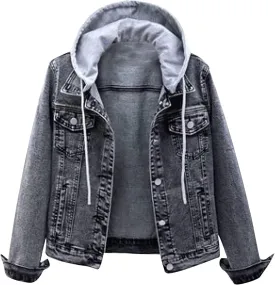 Women's Casual Denim Jackets with Detachable Hood Button Down Fleece Comfort Trendy Jean Hoodies Fall Winter Tops