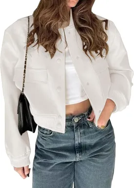Womens Cropped Bomber Jacket Lightweight Long Sleeve Varsity Jacket Shacket Casual Stand Collar Coat With Pockets