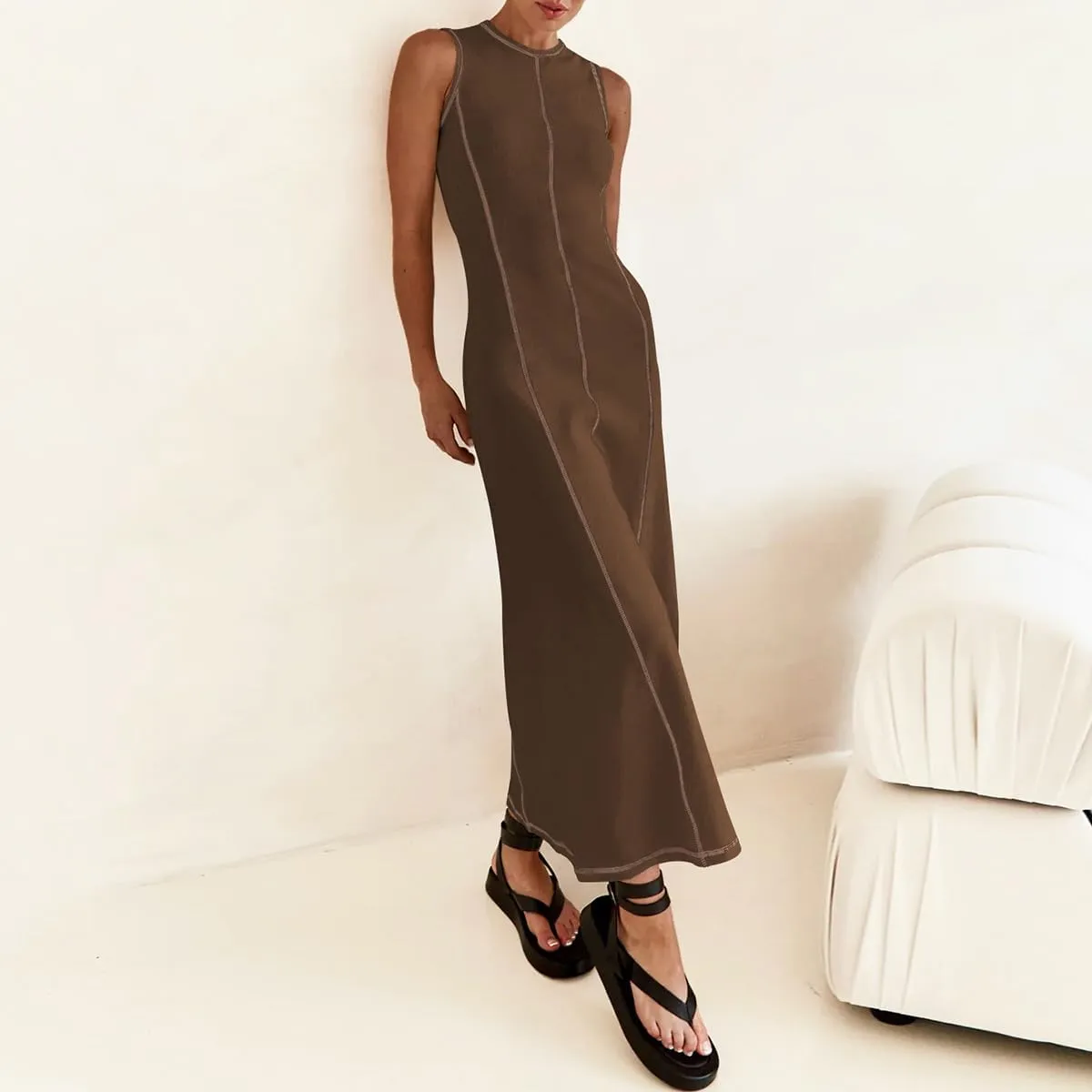 Women‘s Sleeveless T Shirt Dress Ribbed Knit Long Tank Dress Summer Y2K Maxi Dresses