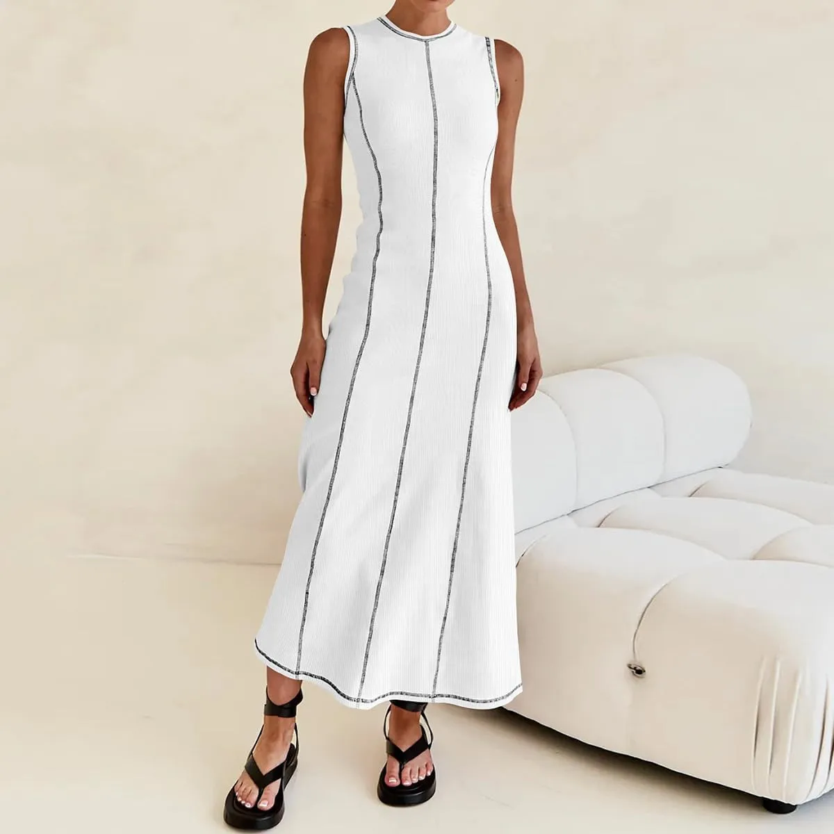 Women‘s Sleeveless T Shirt Dress Ribbed Knit Long Tank Dress Summer Y2K Maxi Dresses