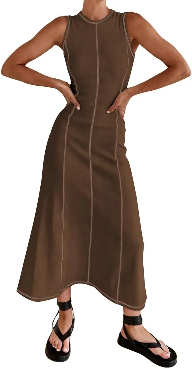 Women‘s Sleeveless T Shirt Dress Ribbed Knit Long Tank Dress Summer Y2K Maxi Dresses