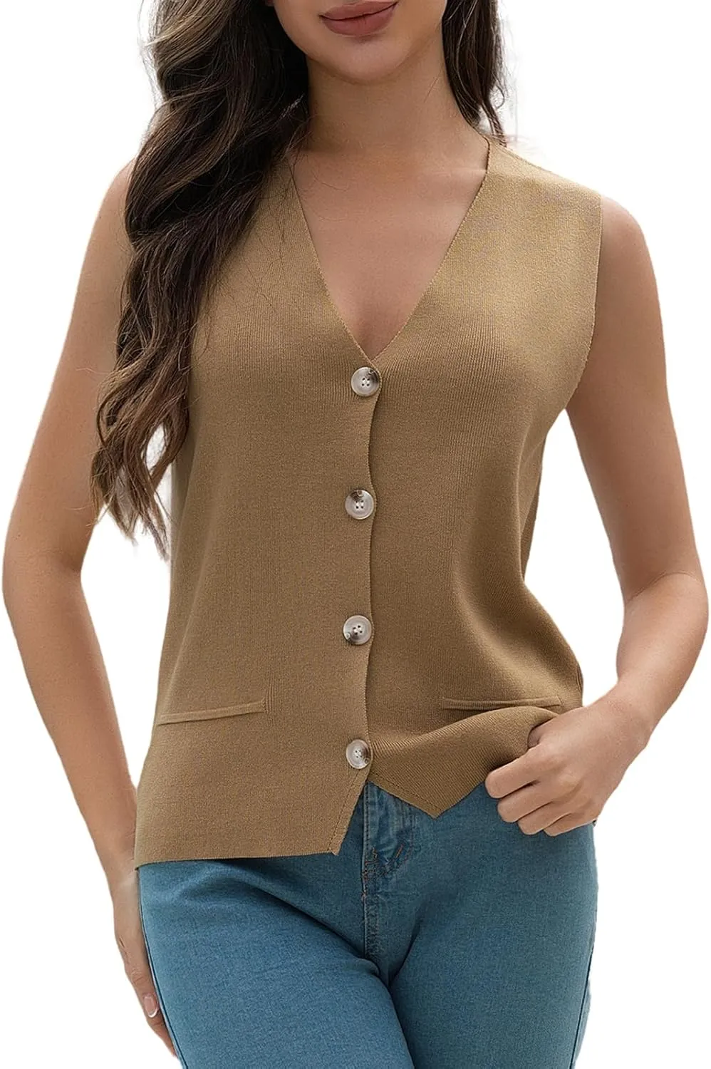 Women's Sweater Vests Summer V Neck Knit Tank Tops Crochet Button Down Sleeveless Y2k Shirts