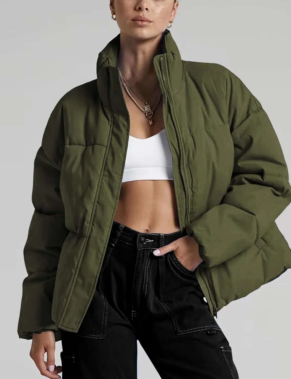 Yimoon Women's Cropped Puffer Jackets Casual Padded Jacket Long Sleeve Full Zip Stand Collar Winter Coat