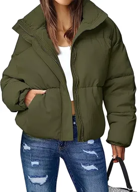 Yimoon Women's Cropped Puffer Jackets Casual Padded Jacket Long Sleeve Full Zip Stand Collar Winter Coat