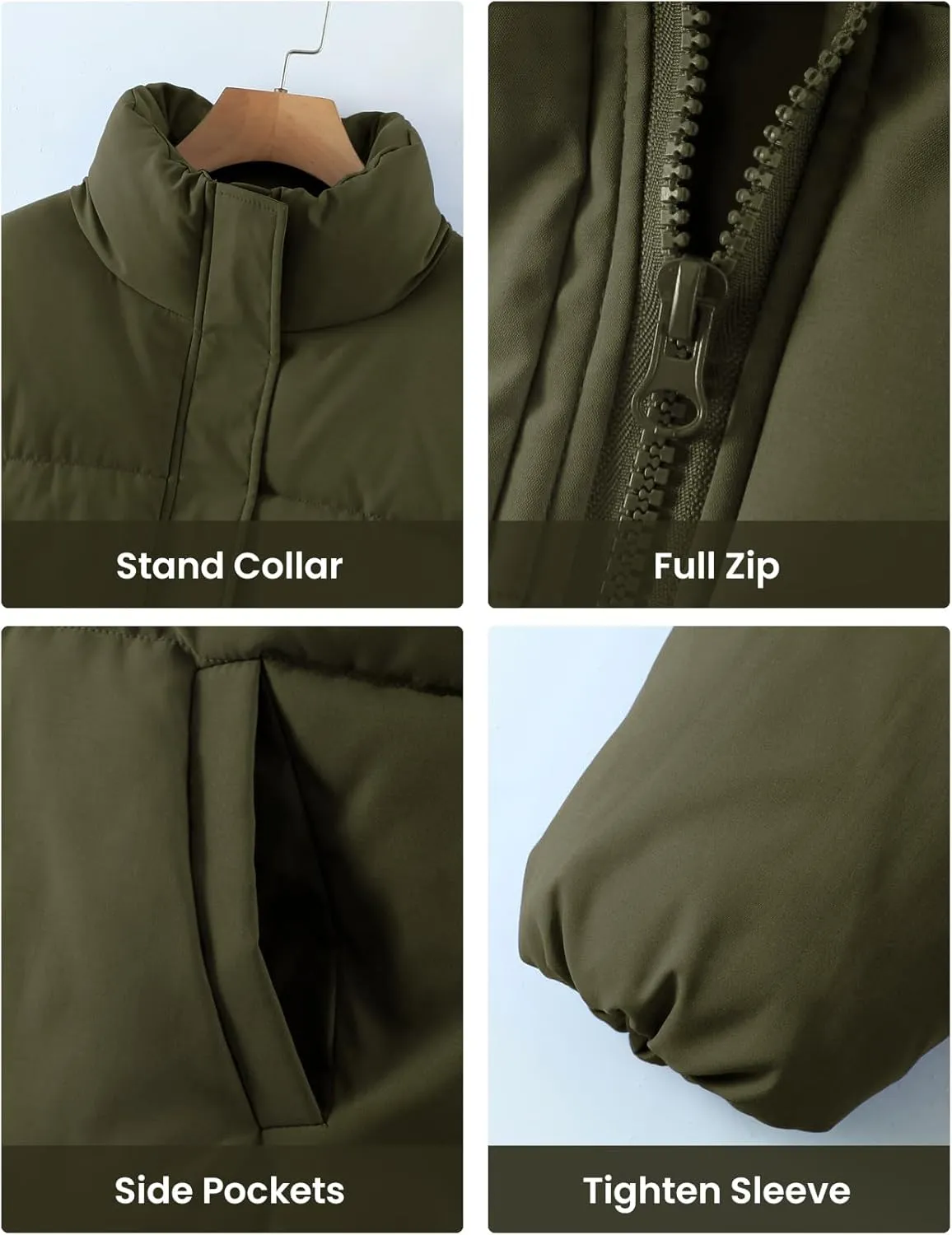 Yimoon Women's Cropped Puffer Jackets Casual Padded Jacket Long Sleeve Full Zip Stand Collar Winter Coat