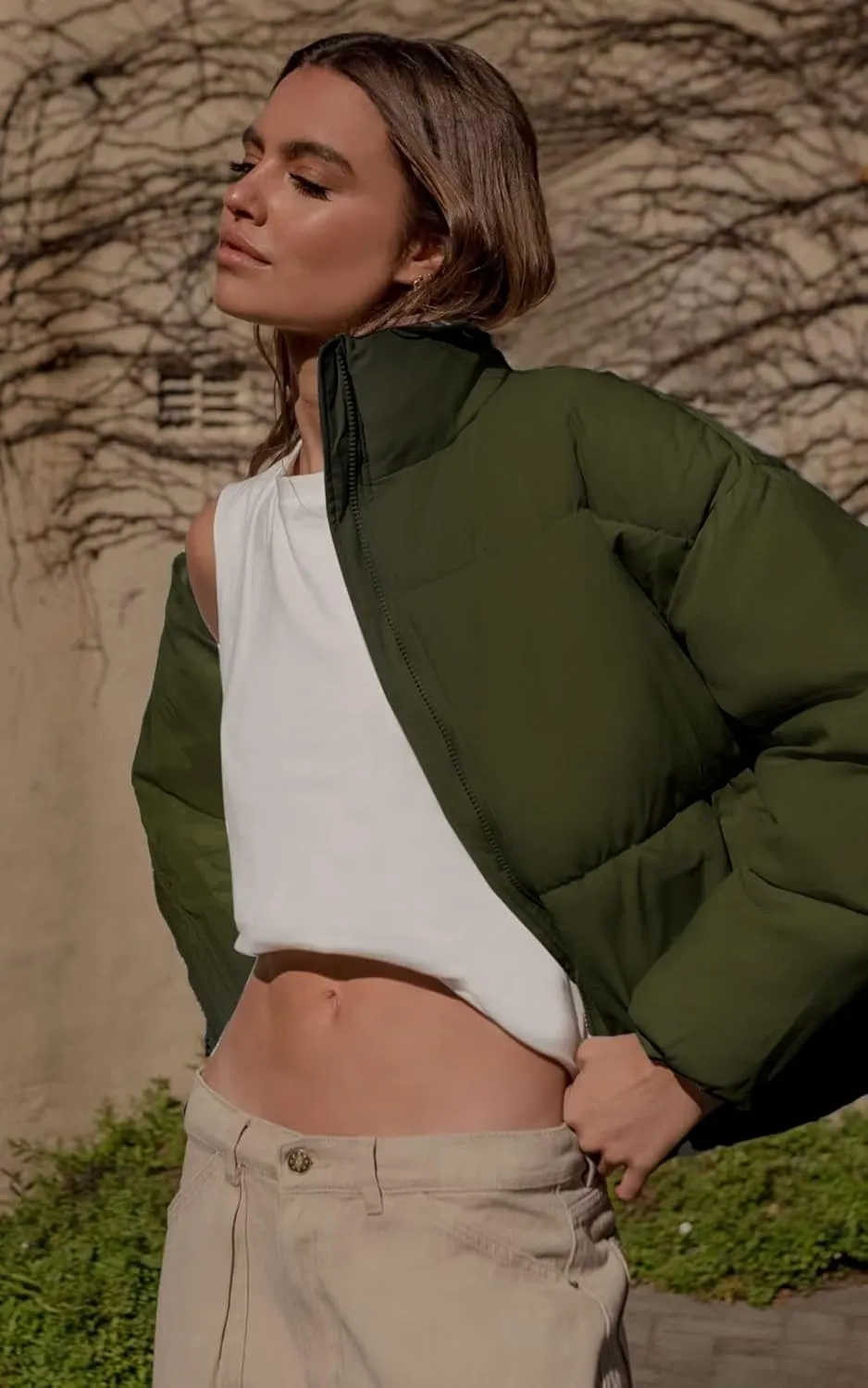 Yimoon Women's Cropped Puffer Jackets Casual Padded Jacket Long Sleeve Full Zip Stand Collar Winter Coat