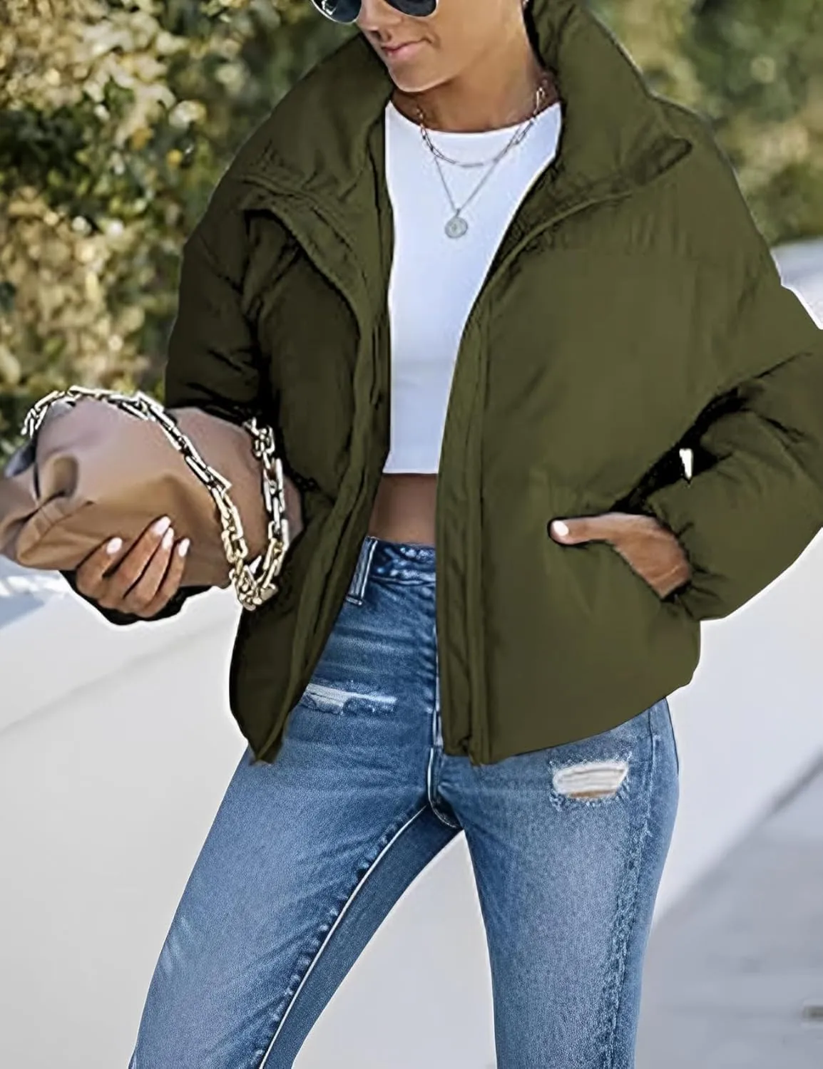 Yimoon Women's Cropped Puffer Jackets Casual Padded Jacket Long Sleeve Full Zip Stand Collar Winter Coat