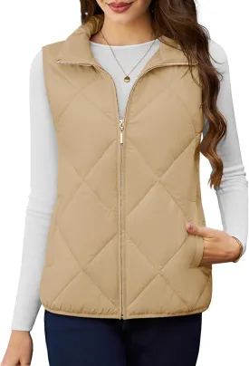 YUCOLEN Women's Quilted Vest 4 Pockets Stand Collar Lightweight Zip Padded Gilet Sleeveless Jackets Coats Outwear