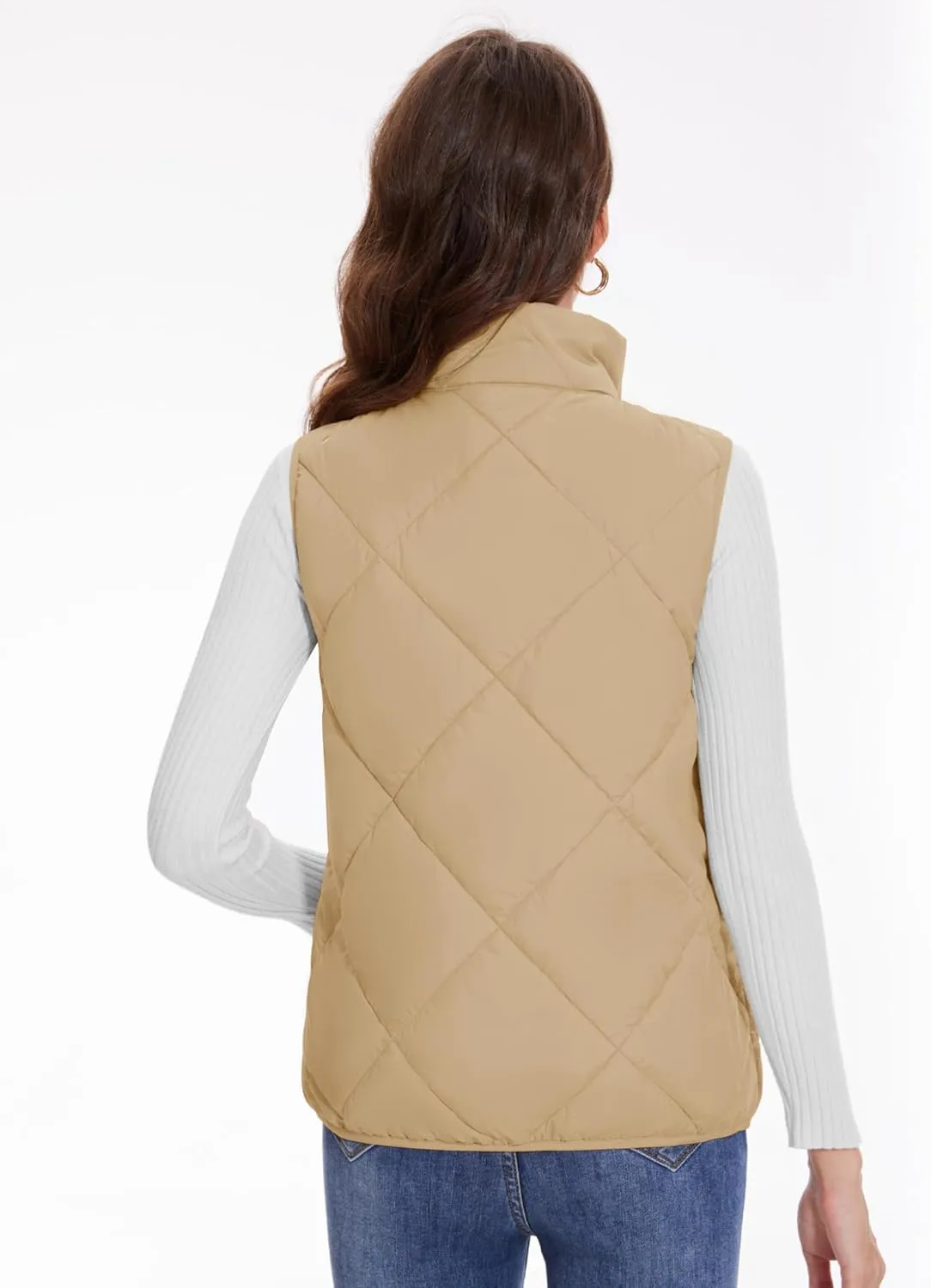 YUCOLEN Women's Quilted Vest 4 Pockets Stand Collar Lightweight Zip Padded Gilet Sleeveless Jackets Coats Outwear
