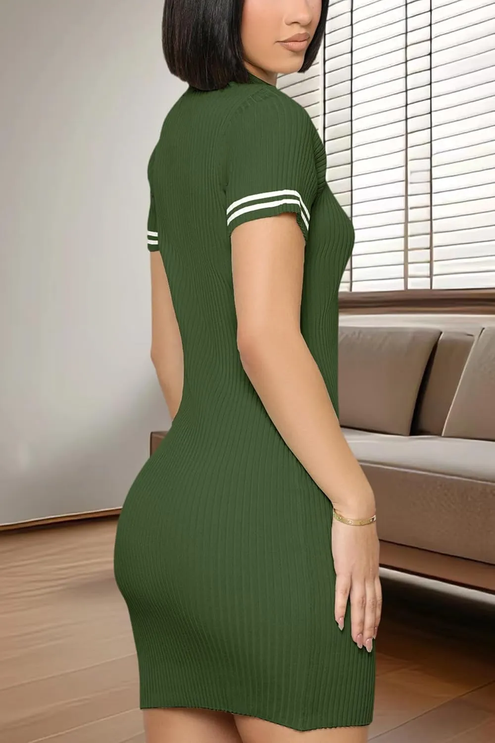 ZERMOM Women's Ribbed Knit Dress Short Sleeve Button Bodycon Elegant Sweater Mini Dresses