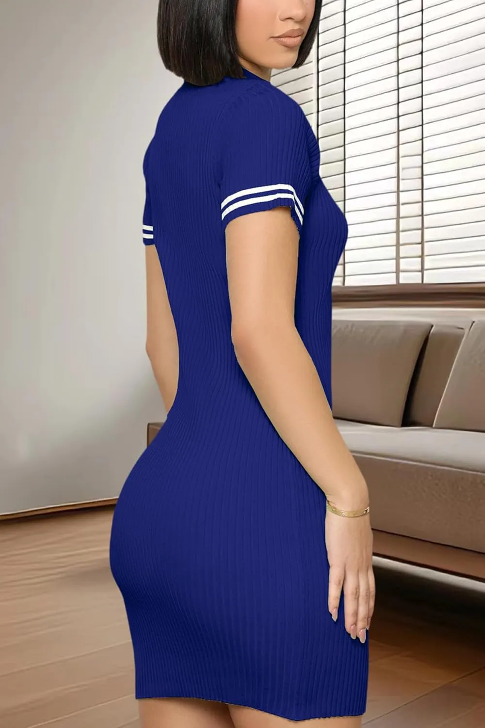 ZERMOM Women's Ribbed Knit Dress Short Sleeve Button Bodycon Elegant Sweater Mini Dresses