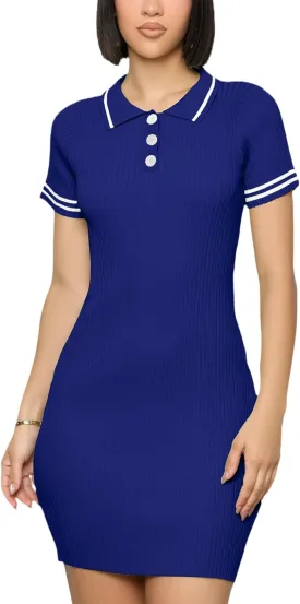 ZERMOM Women's Ribbed Knit Dress Short Sleeve Button Bodycon Elegant Sweater Mini Dresses