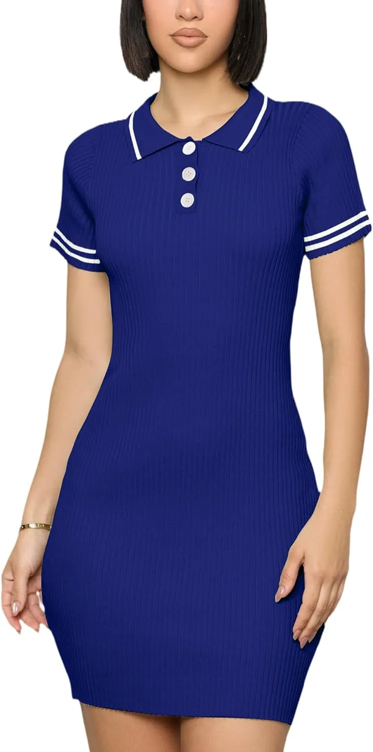 ZERMOM Women's Ribbed Knit Dress Short Sleeve Button Bodycon Elegant Sweater Mini Dresses