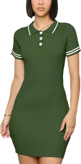 ZERMOM Women's Ribbed Knit Dress Short Sleeve Button Bodycon Elegant Sweater Mini Dresses