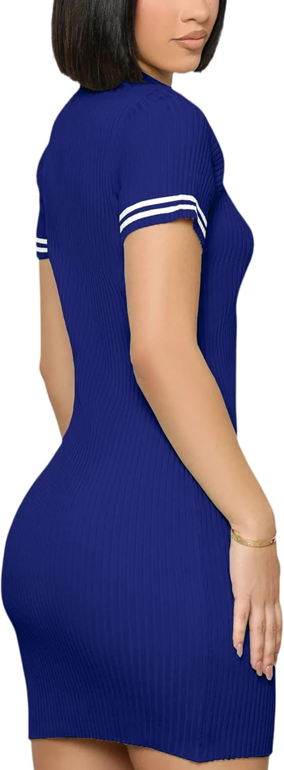 ZERMOM Women's Ribbed Knit Dress Short Sleeve Button Bodycon Elegant Sweater Mini Dresses